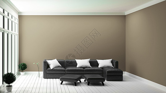 褐墙上的黑沙发设计概念现代内置3d矩形图片