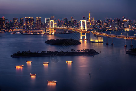 东京天际与东京塔和彩虹桥在日本夜间城市旅行建筑观光港口市中心地标旅游摩天大楼日落图片