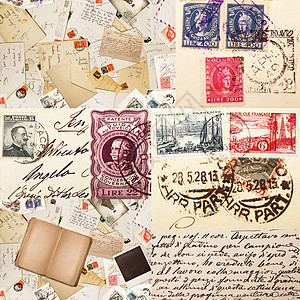 旧符号集合的拼贴画信封旅行邮票日记艺术手稿服务字母文档团体图片