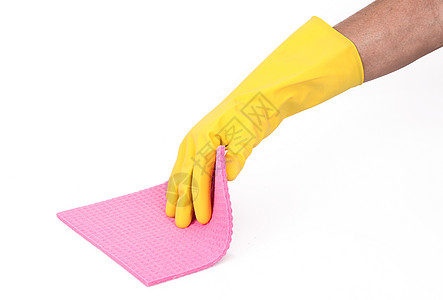 白底带手套和海绵的手家务工作打扫园艺卫生塑料洗涤橡皮抹布黄铜图片