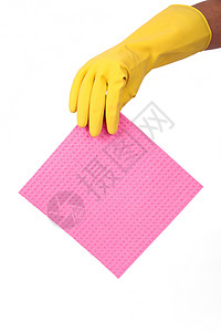 白底带手套和海绵的手橡皮打扫抹布概念园艺家务黄铜洗涤塑料手指图片