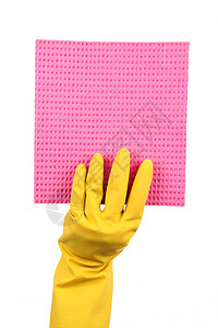 白底带手套和海绵的手手指概念家务橡皮塑料拼装园艺打扫抹布洗涤图片