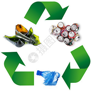 白色背景的废物回收利用符号打扫塑料玻璃壁球活力绿色回收垃圾垃圾箱收藏图片