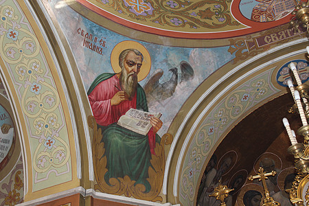 教堂墙壁上的画作古董宗教艺术教会黄色绘画红色图片