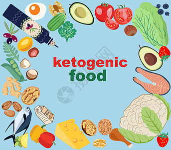 横幅生酮减肥食品的矢量手绘插图 一套健康食品低车图片