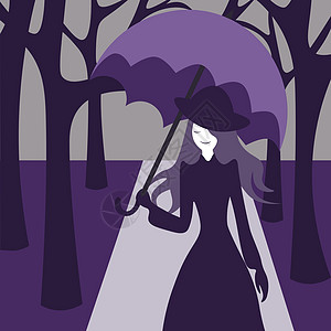 带遮阳伞的老式女人在紫罗兰色的树荫下穿过公园图片
