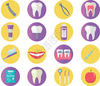 牙科图标设置平面样式 在白色背景上隔离的口腔医学套件 设计元素的牙科集合 矢量插图剪辑 ar图片