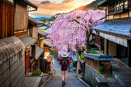 带着背包走的女旅行者 在日本京都富山区 春行道图片