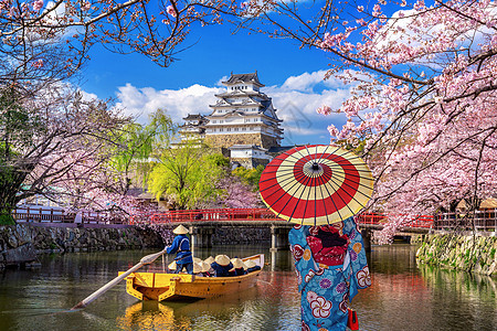 身着日本传统和服的亚裔妇女 在日本冰地观望樱花和城堡女士地标历史性旅游女孩旅行游客花朵季节建筑学图片