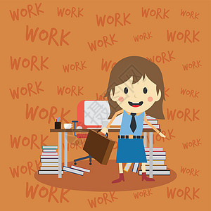 办公室工作人员在工作中完成任务员工卡通裙子公文包桌子电脑杂志墙纸工人套装女性导师图片