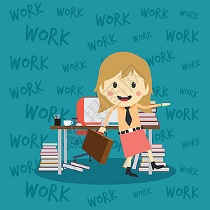 办公室工作人员在工作中完成任务员工卡通公文包老板导师女性电脑裙子杂志女孩墙纸经理图片