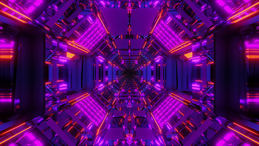 未来派科幻隧道走廊值得酷炫的反射和无尽的发光灯 3d 插图背景壁纸蓝色机库橙子反光粉色艺术小说辉光墙纸渲染图片