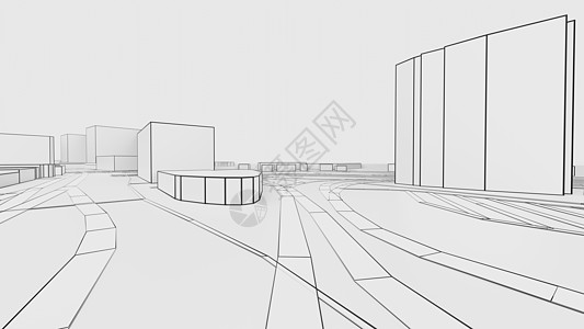 具有建筑物和道路的 3D 白色城市草图蓝图渲染绘画3d建造摩天大楼正方形商业盒子街道图片