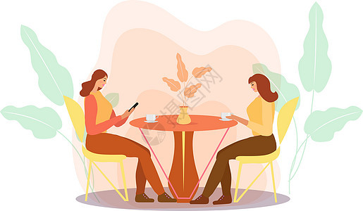 女孩们坐在咖啡馆的一张桌子旁喝咖啡 餐厅里的女性朋友交流 平面现代插图 韦克托女孩酒吧讲话会议夫妻卡通片杯子咖啡店午餐服务图片