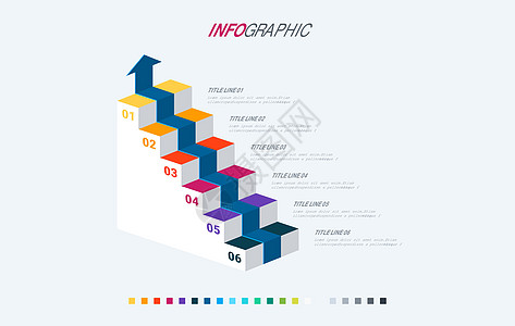 彩色图表信息图表模板 具有 6 个选项的时间轴 楼梯业务流程 矢量设计 温暖的调色板图片