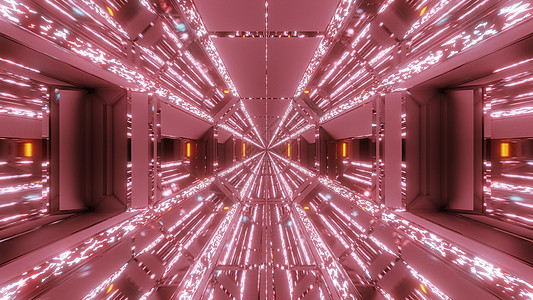 样板间效果图未来派科幻机库隧道走廊与闪闪发光的钻石圣诞纹理 3D 渲染背景壁纸图形反思运动反光墙纸蓝色红色3d效果图插图粉色背景