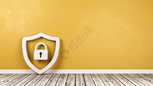 木地板上挂锁的盾牌符号反对 Wal保险白色房间安全黄色房子警卫防御插图木板图片