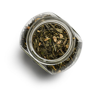 绿色茶 含有芳香添加剂 白底的顶端视图饮料杯子花瓣桌子香气茶点玻璃叶子产品草本植物图片