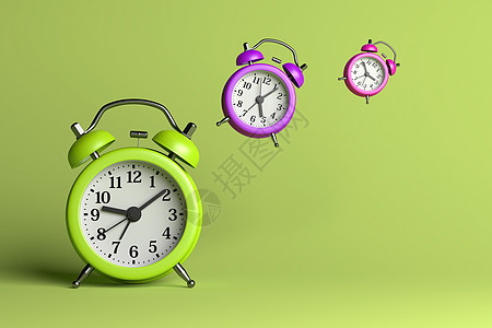 时间飞逝钟表模拟闹钟金属绿色插图倒数唤醒苏醒白色背景图片