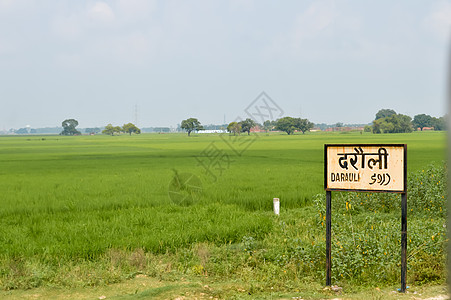 Darauli 字写在印度铁路火车站定向标志牌的里程碑标记上 在农村农业领域背景上为道路使用者提供方向 比哈尔邦 印度 南亚太平图片