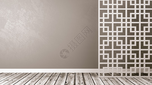 带 Copyspac 的空东方风格房间插图地面灰色木板格子木头控制板白色框架背景图片
