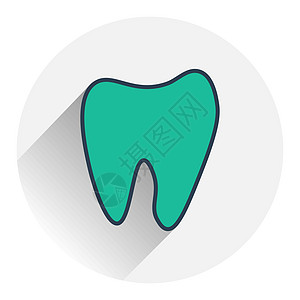 在平面设计中的绿牙图标 矢量图 灰色背景上带有长阴影的牙齿图标图片