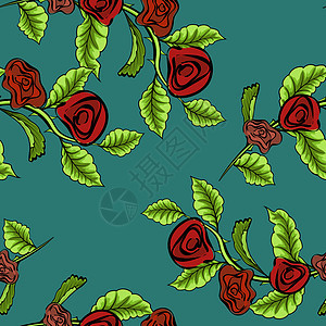 孤立在绿色背景上的红玫瑰的矢量分支 无缝模式图片