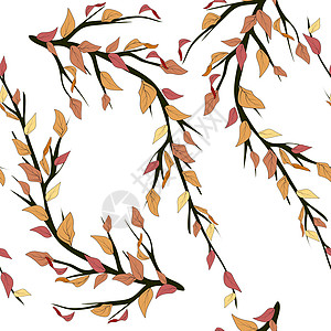 多彩背景上的无缝模式 线条艺术分支与秋天的落叶装饰设计 无缝矢量纹理 矢量秋天它制作图案绘画白色纺织品植物学打印卡片叶子棕色创造图片