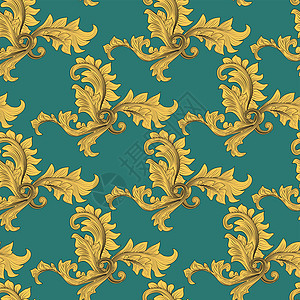 复古矢量装饰模板 绿色背景上美丽风格的黄色维多利亚图案 无缝织物纹理原则财富地毯蓝色植物曲线墙纸艺术包装卡片花园图片