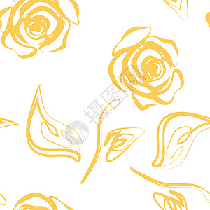 美丽的黄色和白色无缝图案在玫瑰与轮廓 手绘轮廓线和笔画 完美的背景贺卡和婚礼生日情人节请柬图片