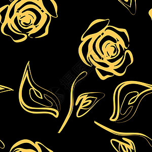 黑色玫瑰美丽的黄色和黑色无缝图案在玫瑰与轮廓 手绘轮廓线和笔画 完美的背景贺卡和婚礼生日情人节请柬艺术风格墙纸装饰品卡片插图纺织品时尚叶设计图片
