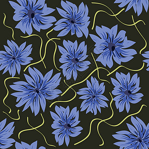 无缝花卉图案 在深蓝色的风格化矢车菊和草甸草 它制作图案手绘矢量野花纺织品草地蓝色植物叶子花瓣草本植物季节洋甘菊图片