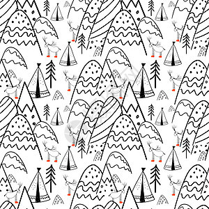 北部森林 民间风格的插图 程式化的山脉 斯堪的纳维亚版画 画线 孩子们的无缝模式纺织品卡片雪花窗帘墙纸云杉装饰邮票绘画蓝色背景图片