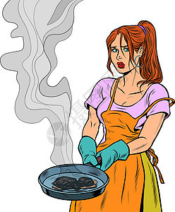 女人和食物在油炸锅里烧焦图片