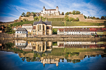 Wurzburg 主河水边和森风的Wurzburg城堡 v海岸线风景全景地标天际街道景观传统旅游反射图片