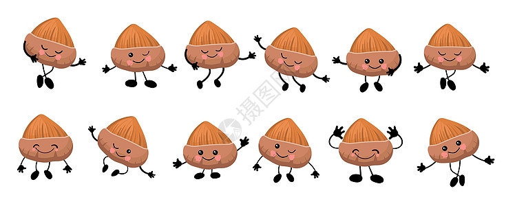 一组字符螺母 榛子用手和脸 有用的食物 蛋白质卡通片坚果开心果小吃快乐饮食表情符号核桃吉祥物图片