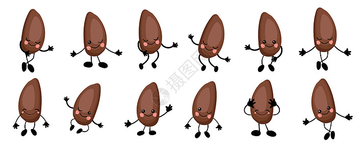 松子 一大组有手有眼的 Cute Nuts 角色 卡通水果或蔬菜 有用的素食 孤立在白色背景上图片