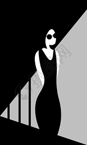 戴着圆形太阳镜和黑色连衣裙的极简主义女性双手背后站在阴影中图片
