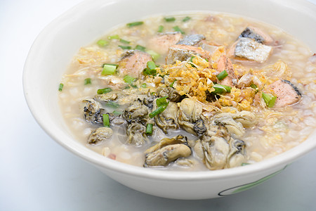 海食用鲑鱼和牡蛎煮饭大米健康油炸营养生蚝美食稀饭图片