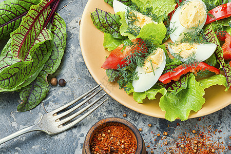 蔬菜沙拉加鸡蛋盘子营养美食健康食物饮食食品绿色胡椒生菜图片