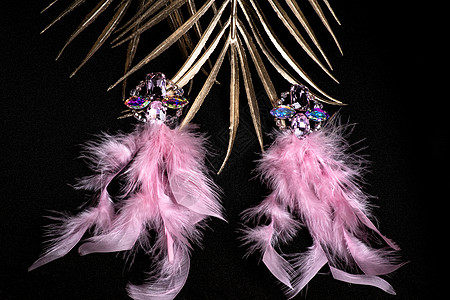 粉色羽毛在黑背景的特写上 有选择的焦点 珠宝 妇女珠宝图片