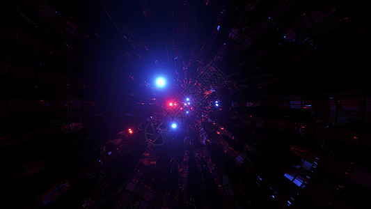 具有反射金属和闪光层的技术隧道 3d 插图背景壁纸图形表蓝色运动艺术品球体粒子红色太空圆形颗粒墙纸图片