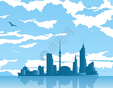 数字城市矢量城市场景天堂游历反射海鸥旅行路线数字风景蓝色插画