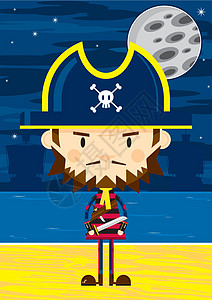 Beac 上的可爱卡通海盗船长帆船交叉骨颅骨海滩队长水手骷髅月亮海盗帽卡通片图片