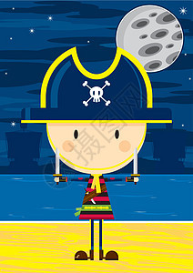 Beac 上的可爱卡通海盗船长颅骨海盗帽卡通片交叉骨骷髅水手帆船卡通海盗月亮海滩背景图片