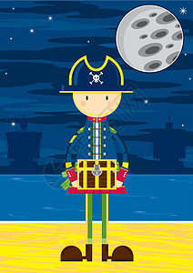 Beac 上的可爱卡通海盗船长海盗帽骷髅水手卡通片队长月亮帆船海滩交叉骨卡通海盗背景图片