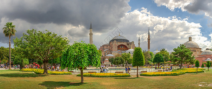 圣·索菲亚教堂土耳其伊斯坦布尔苏丹艾哈迈德迈丹公园博物馆金角遗产建筑圆顶喷泉花园尖塔历史性背景