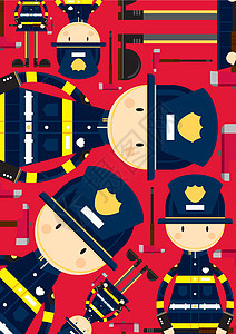 可爱的卡通消防员模式斧头头盔卡通片工作职业徽章服务背景图片