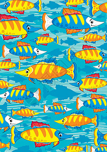 卡通热带鱼模式卡通片海洋生物游泳海洋鱼纹背景图片
