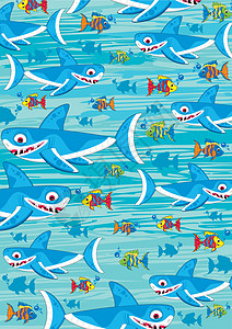 可爱的卡通鲨鱼模式游泳鱼纹海洋海洋生物卡通片图片
